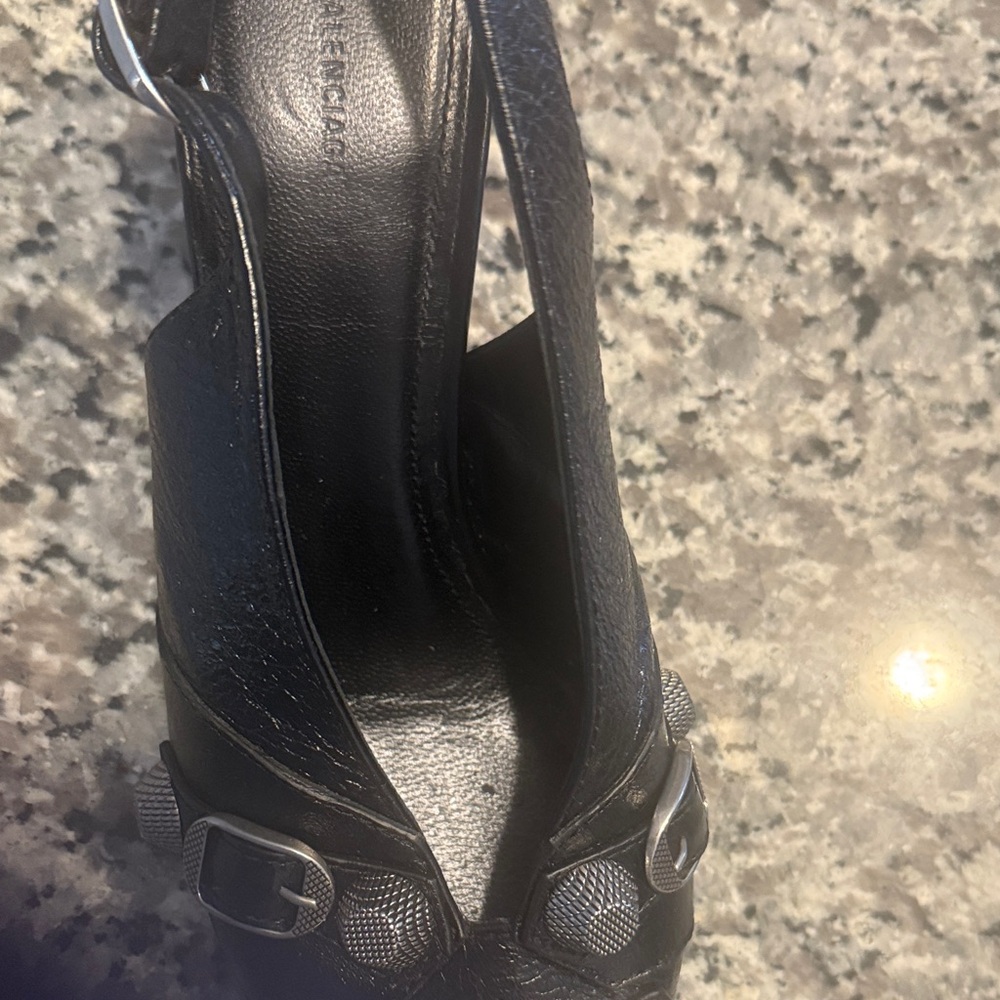 Balenciaga Black/Aged nickel Textured Slingback Heels